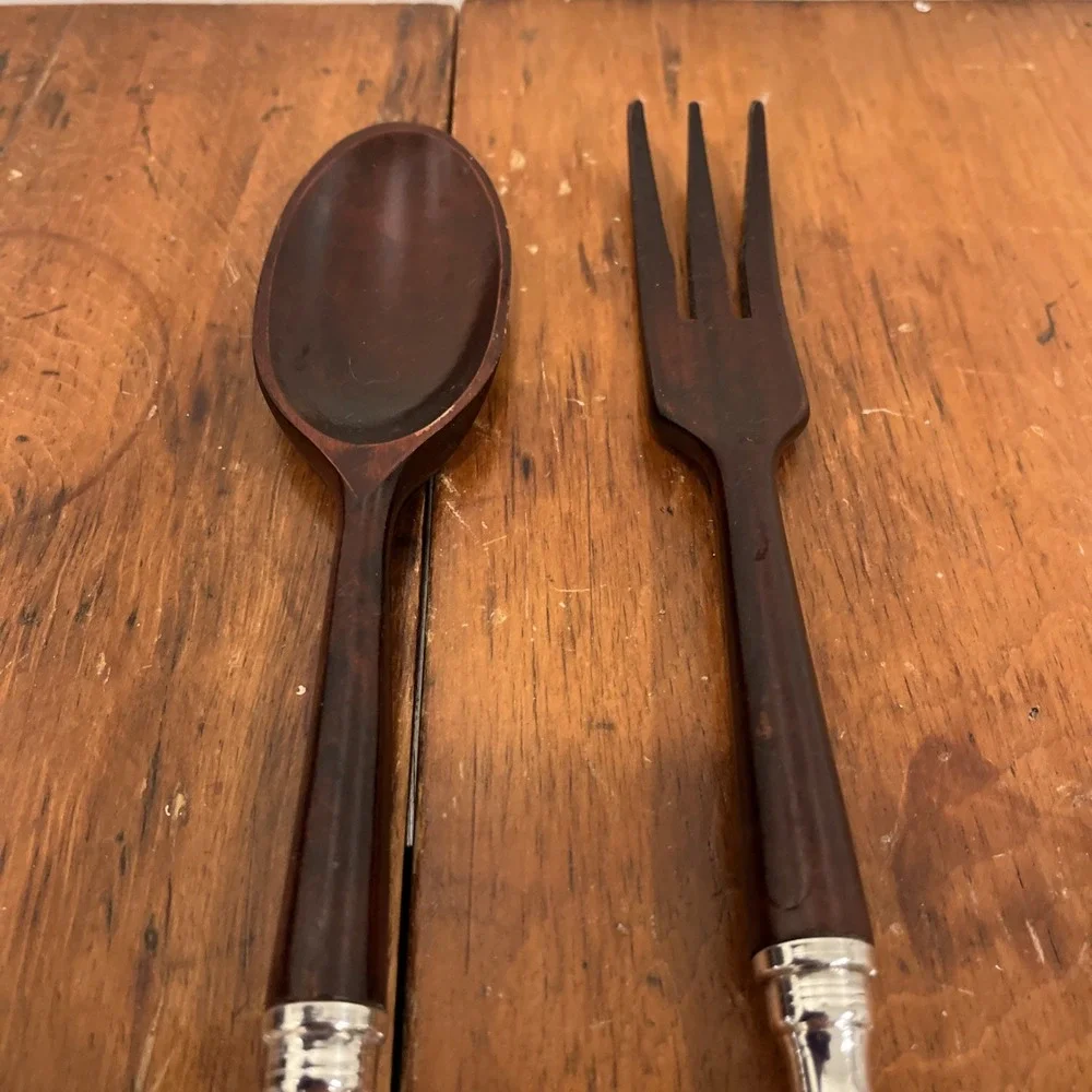Antique STERLING & TEAK MID CENTURY MODERN SALAD Serving Set - FORK & SPOON